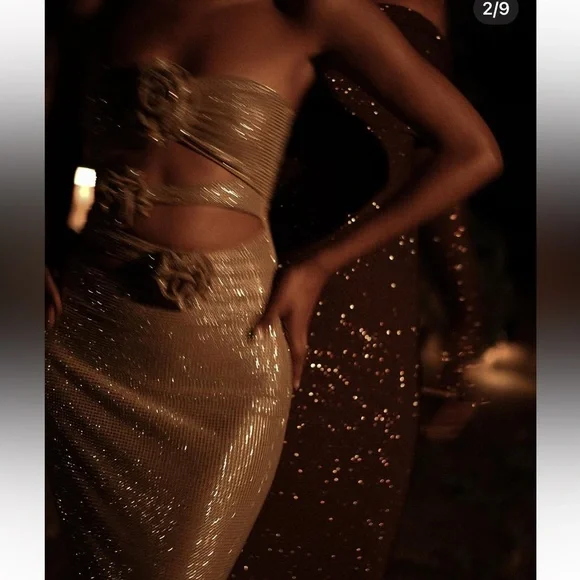 Meshki-  Stassie embellished Nude Strapless Flower Rose Diamante Maxi Dress - Picture 5 of 17